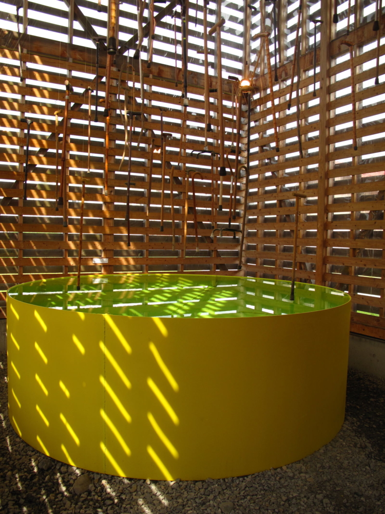 〈水から誕生した心の杖 〉 2012年 水,杖,鉄,テグス